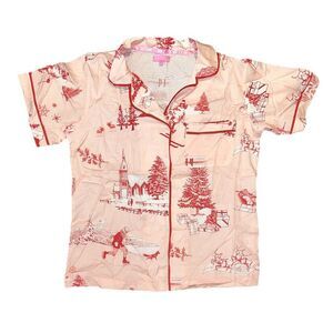 Katie Kime Pajama Top Home for‎ the Holidays Toile Pink Christmas Sz S TOP ONLY